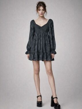 Thirty Thirty Black Floral Smocked Babydoll Mini Dress Long Sleeve S Whimsigoth